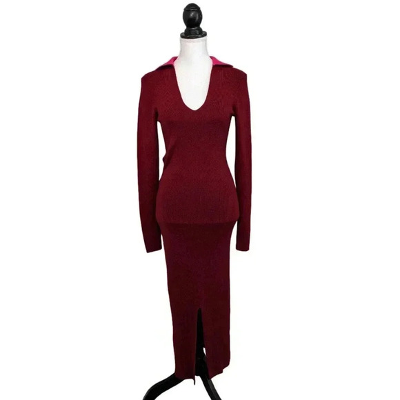 Naadam Burgundy Red Ribbed V Neck Collared Midi Dress Size Small Long Sleeve - Picture 1 of 8